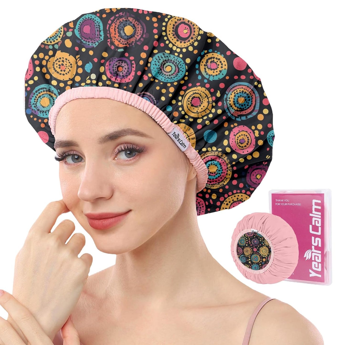 Years calm Luxury Shower Caps for Women Reusable Waterproof – Polka Dot Double Layer Bath Cap with Adjustable Elastic for Braids & Long Hair, Comfortable & Stylish, Versatile Use (Black)