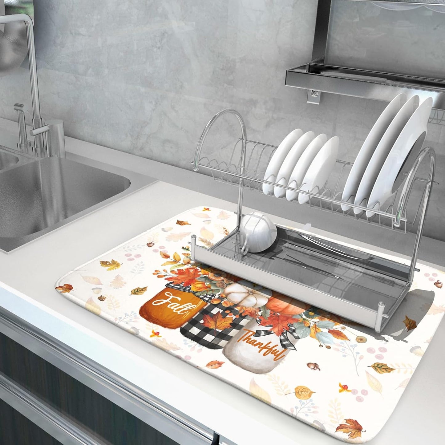 Autumn Pumpkin Dish Drying Mat 18x24 Inch Sunflower Flower Vase Washable Draining Mat with Hanging Loop Seasonal Holiday Home Decoration