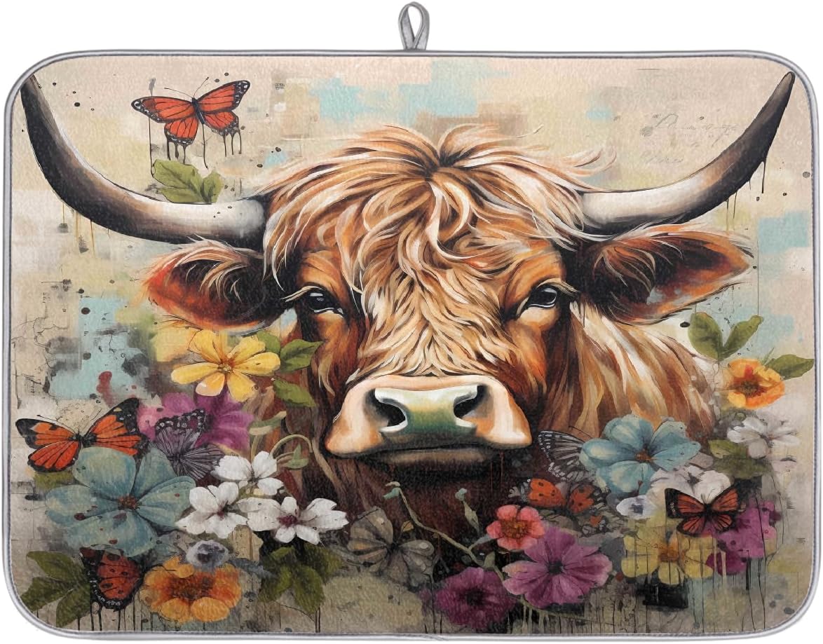 Dish Drying Mat Highland Cow Graffiti Floral Western Farm Large Drying Mat for Kitchen Counter 18x24in Absorbent Dish Drainer Rack Pad, Heat Resistant Coffee Bar Mats Countertop Protector