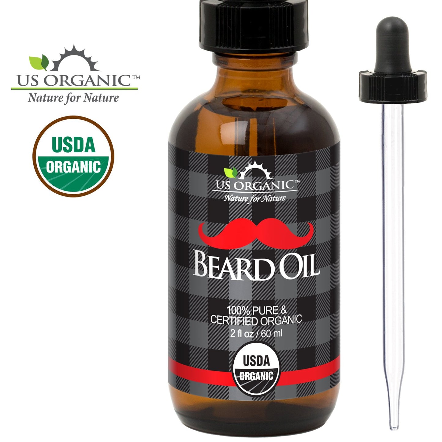 US Organic Beard Oil, 100% Pure, USDA Certified, Softens, shine, moisturizes, Amber Glass Bottle with Eye Dropper, 2 Ounce