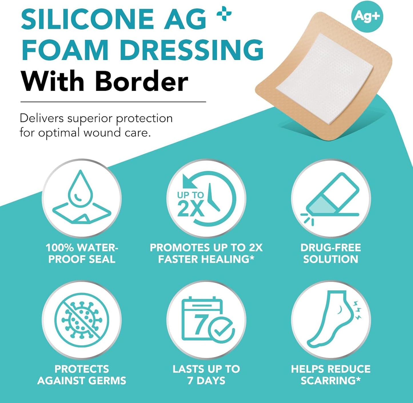 Silicone Foam Dressing Ag Sterile Wound Bandage with Waterproof Gentle Silicone Adhesive Border (10 Packs), 4"x 4" Breathable Ultra Absorbent Pads (4x4 Inch (Pack of 10))