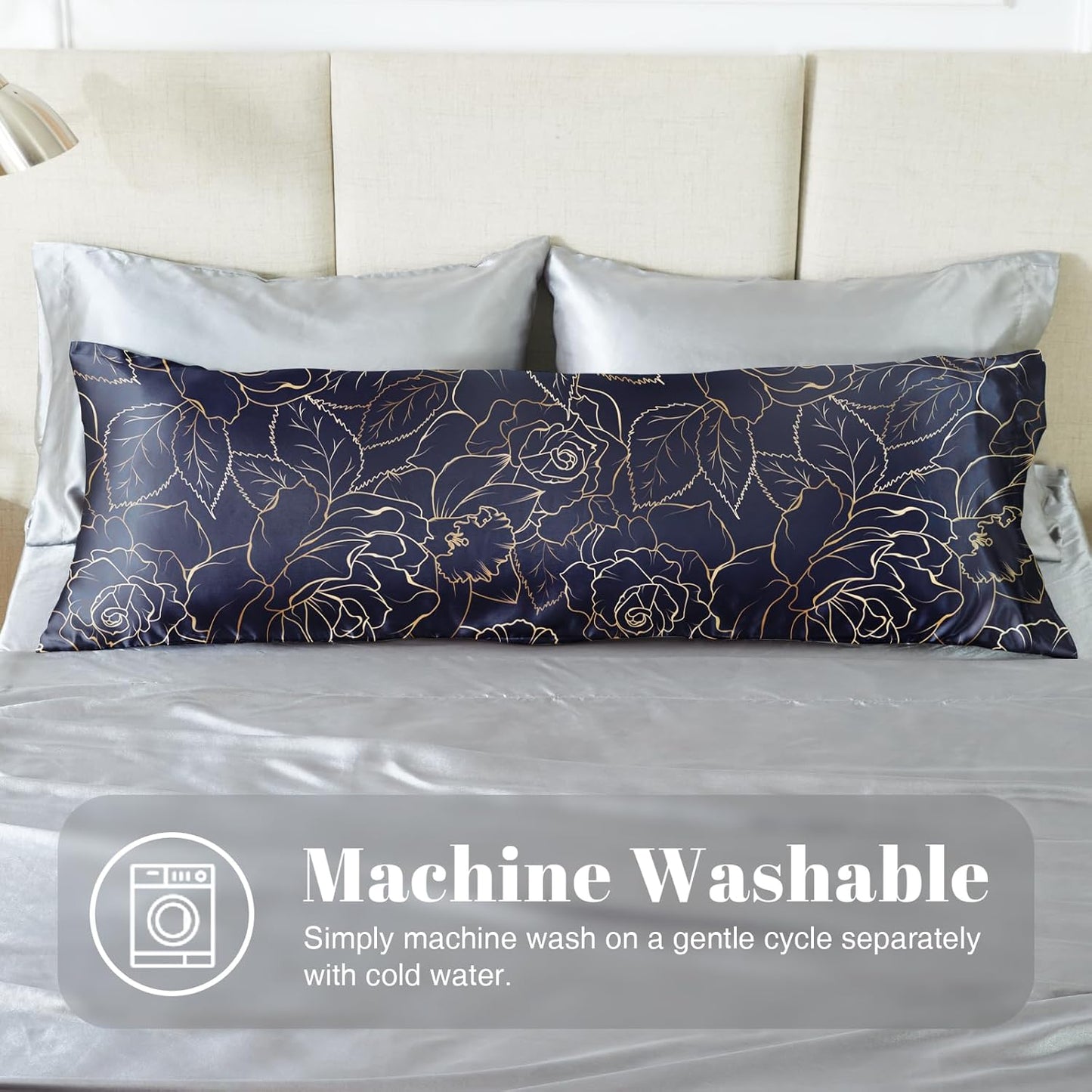 EXQ Home Satin Body Pillowcase for Hair and Skin- Rose on Blue Silk Long Pillowcase 20x54 inches - Satin Pillow Cases with Envelope Closure, Gifts for Women