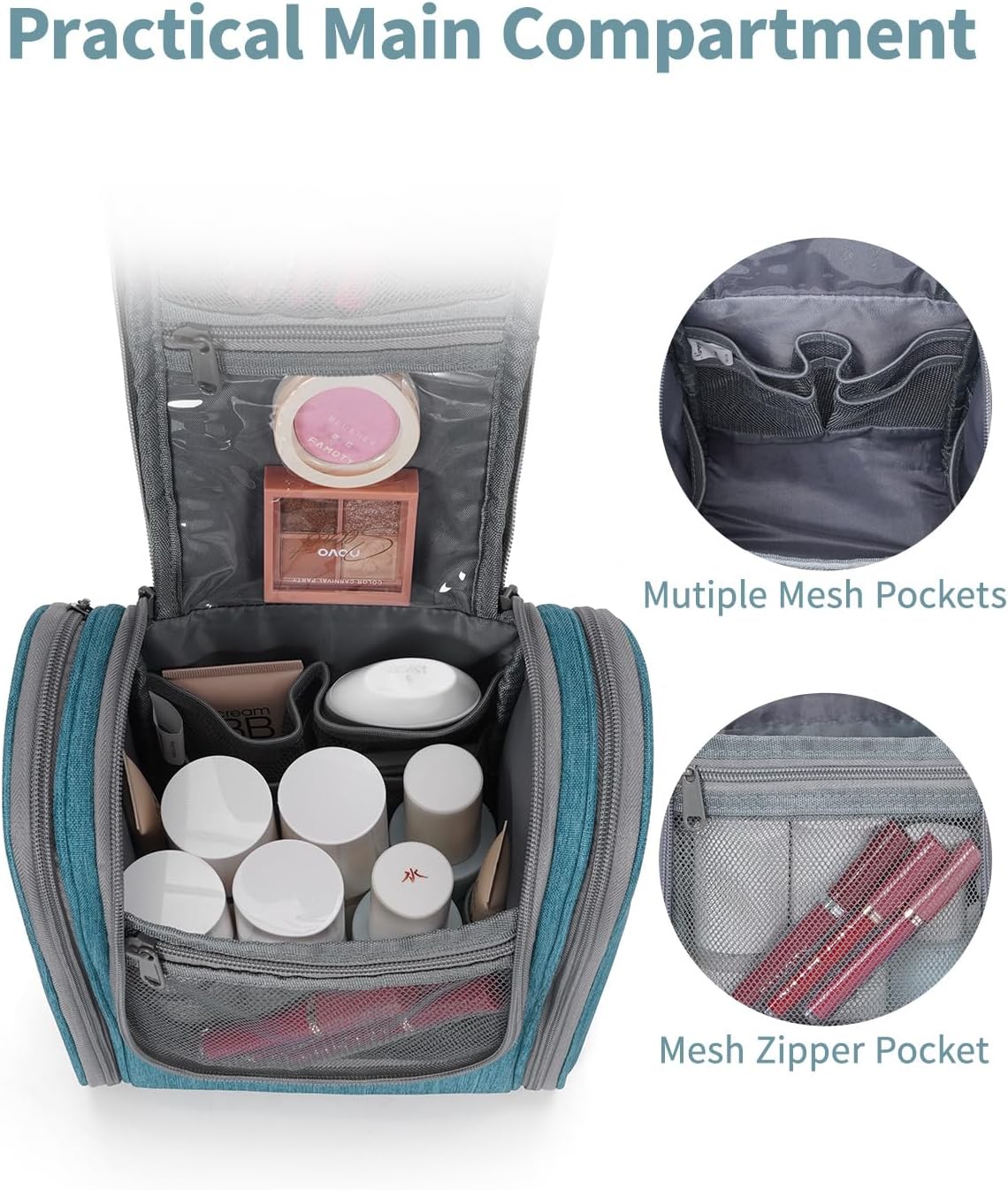 Narwey Small Hanging Travel Toiletry Bag Cosmetic Make up Organizer for Women and Men (Medium, Teal)