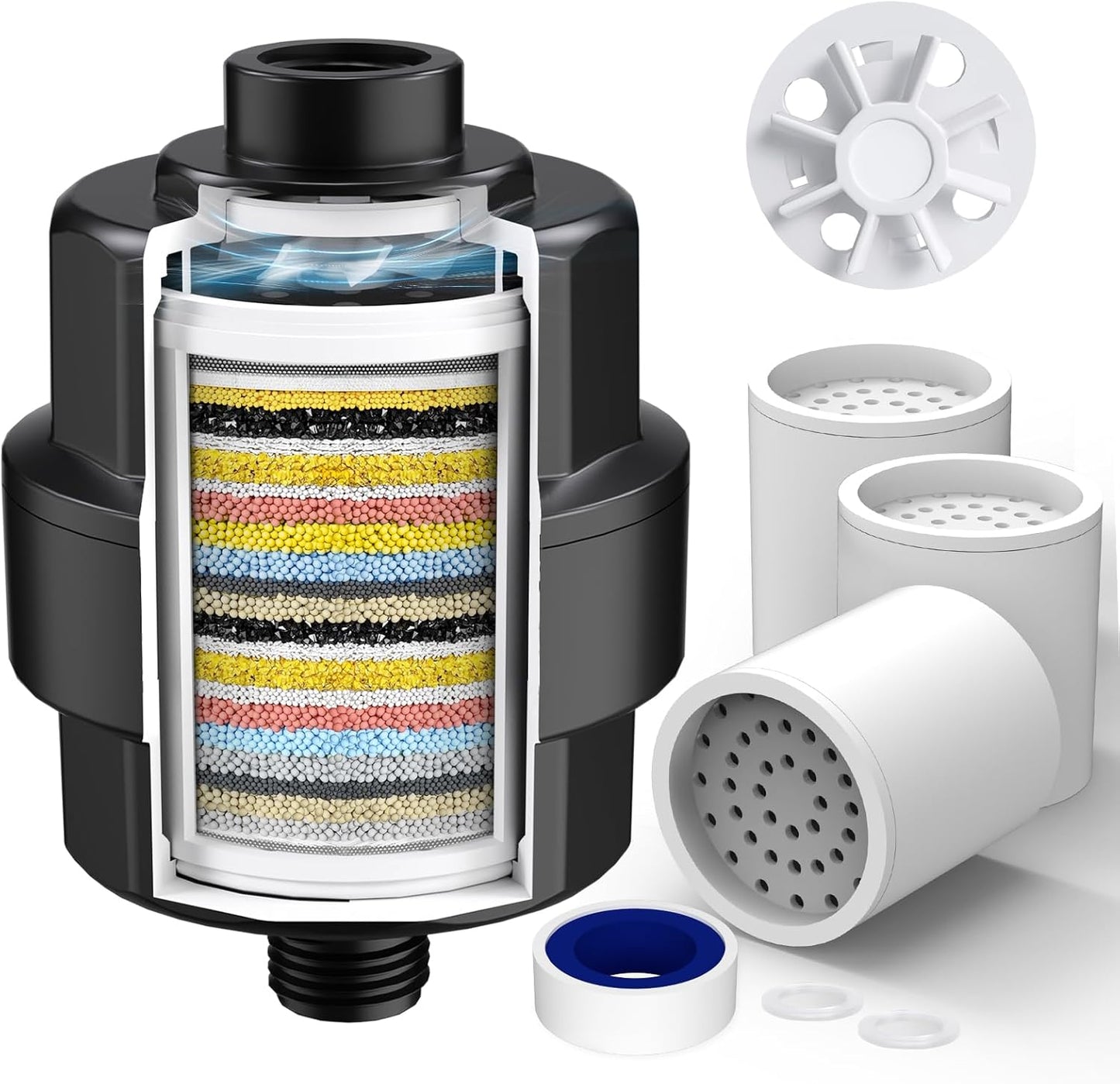 20-Stage Shower Filter-Shower Head Filter for Hard Water, with 3 Replaceable Cartridges, High Output Shower Water Filter for Removing Chlorine and fluoride,Black