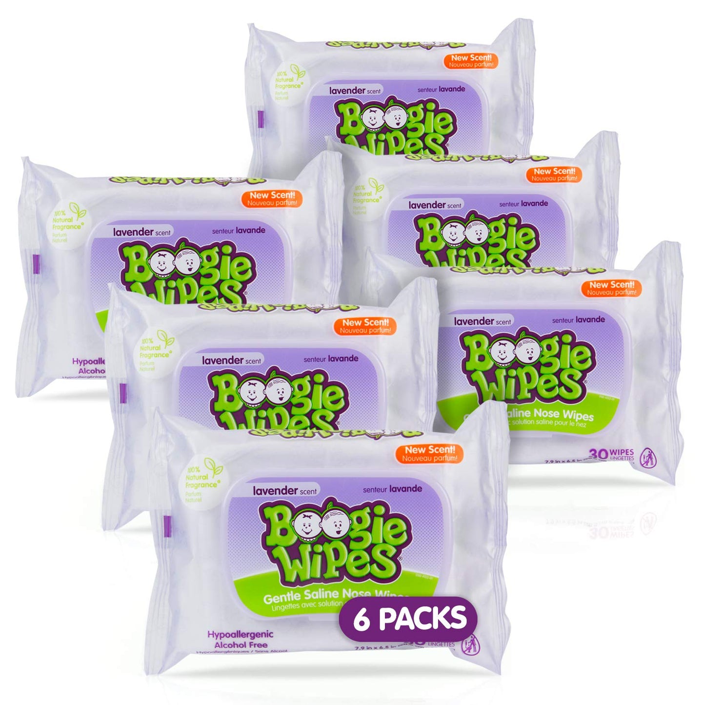 Baby Wipes by Boogie Wipes, Wet Wipes for Face, Hand, Body & Nose, Made with Vitamin E, Aloe, Chamomile and Natural Saline, Natural Lavender Scent, 30 Count, Pack of 6
