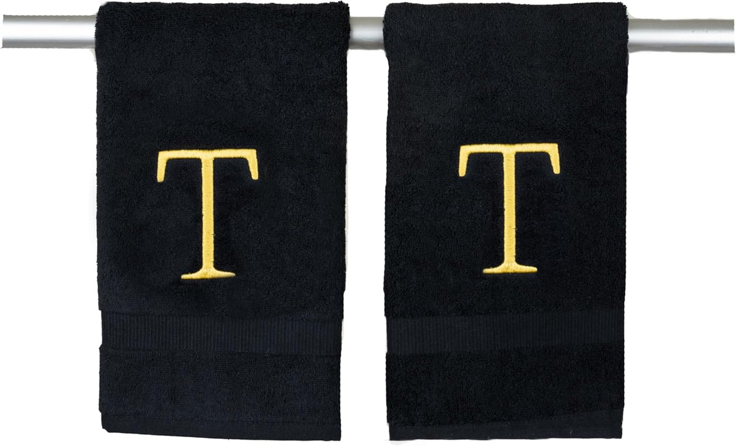 Black and Gold Bathroom Hand Towel - Monogrammed Luxury Hotel Quality Decorative Embroidered Towel for Powder Room, Spa - GOTS Organic Certified - Pack of 2, Letter T