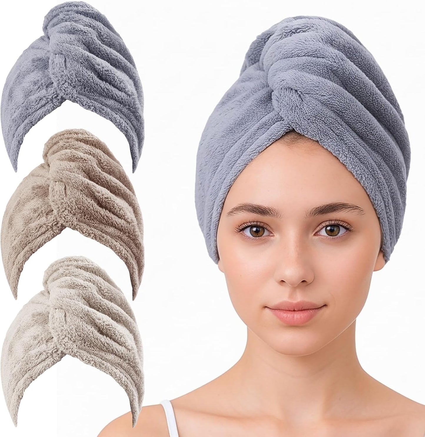 3 Pack Plush Yarn Hair Towel Wrap for Women, Super Absorbent & Quick Drying Turban, Anti Frizz Head Towel for Long, Thick, Curly Hair with Secure Button
