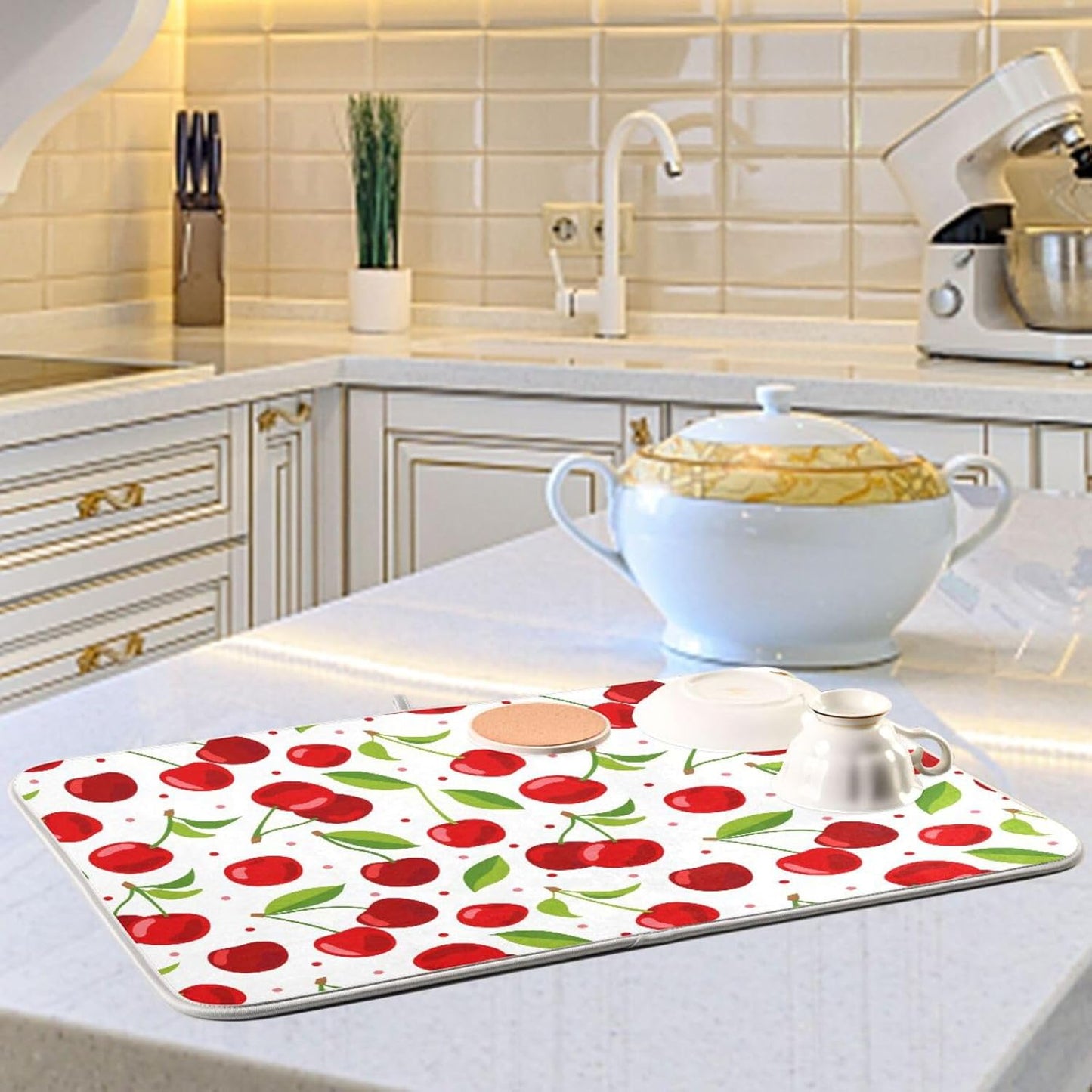 Cherry Fruits Dish Drying Mats for Kitchen 18x24 inch Drying Mat Absorbent Microfiber Dish Mat Drainer Rack Mats Fast Dry for Kitchen Counter