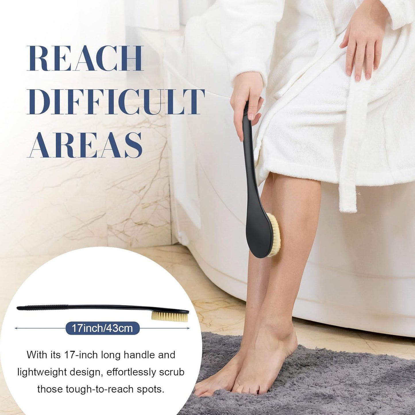 Back Scrubber for Shower, Shower Body Brush for Cleaning with Long Handle for Showering, 17 Inch Back Washer Exfoliator for Shower Men Women with Non-Slip Handle, Adhesive Hook (Black-Boar Bristles)