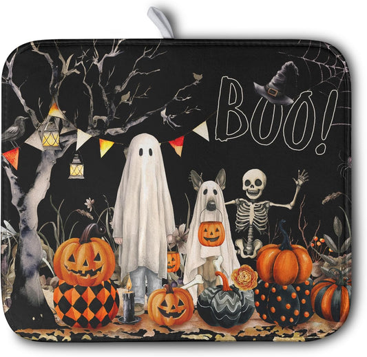 Halloween Dish Drying Mat for Kitchen Counter 16x18 Inch Black Ghost Pumpkins Dog Boo Skull Dishes Drainer Mats Absorbent Microfiber Washable Dish Draining Pad for Sink Coffee Bar