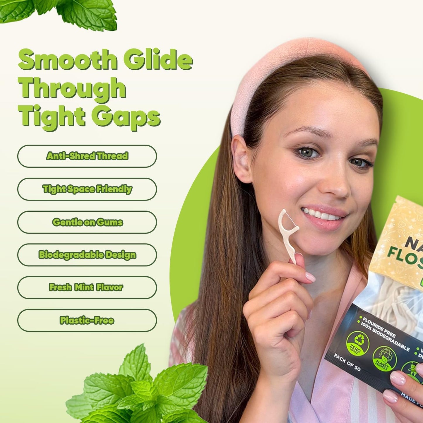 Biodegradable Floss Picks - Natural Straw Wheat Handle | Thin & Durable Thread for Tight Gaps! | Dental Flossers for Adults | Gentle on Gums & Teeth | Eco Friendly, Vegan, Natural (100 Pack, Mint)