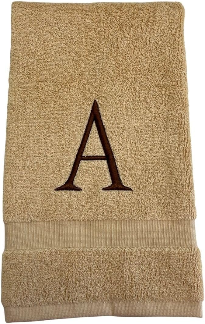 Beige Initial Hand Towel for Bathroom - Monogrammed Luxury Hotel Quality Decorative Embroidered Towel for Powder Room, Spa - GOTS Organic Certified - Set of 2 Brown Letter J
