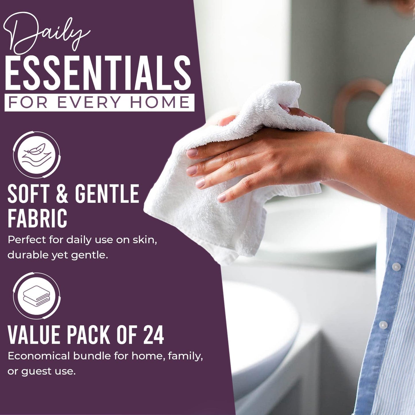 DAN RIVER 100% Cotton Wash Cloths 24 Pack [12x12] Soft & Absorbent Body wash Cloths, Gym, Hotels & Spa Perfect for Everyday Use Fingertip Towels, Purple Passion