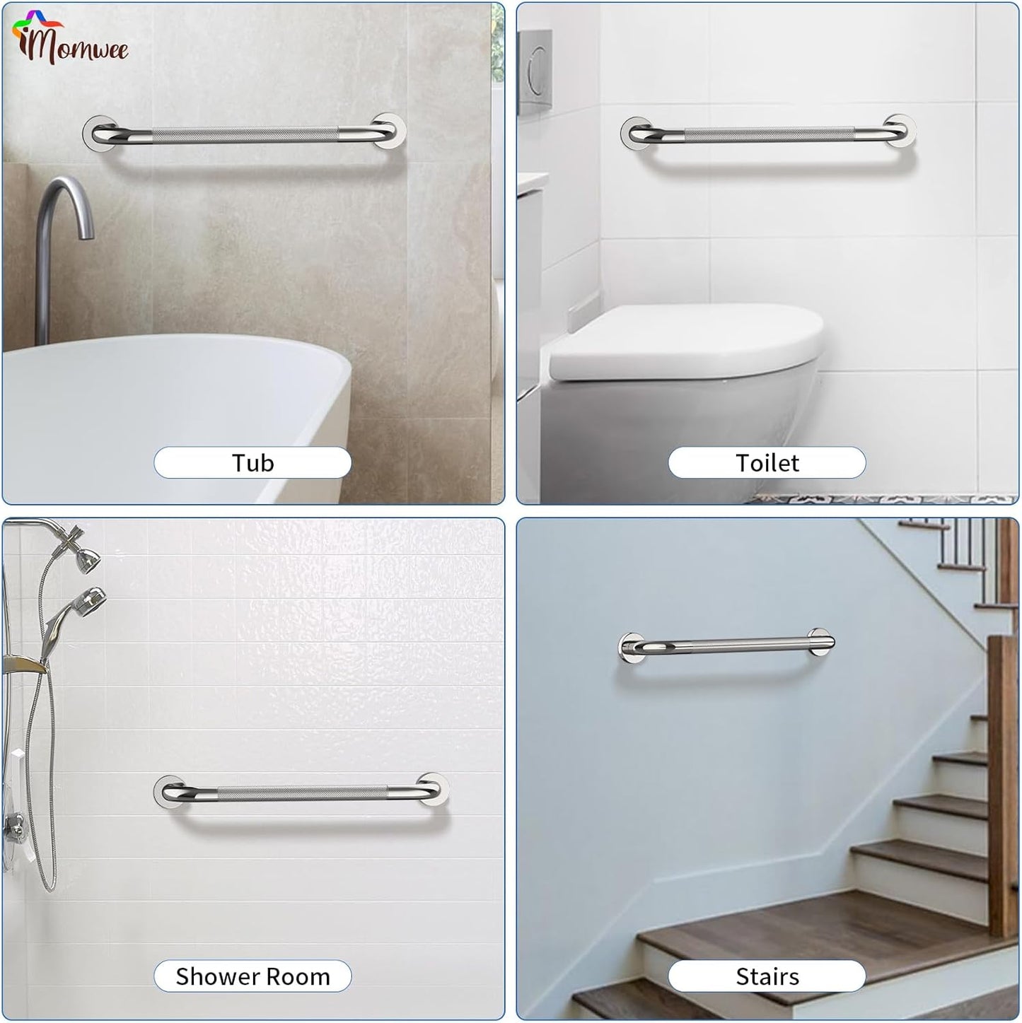 2 Pack 24 Inch Shower Grab Bar with Anti-Slip Grip, iMomwee Chrome Stainless Steel Bathroom Grab Bar Handle, Shower Balance Bar, Safety Hand Rail Support, Handicap Elderly Senior Assist Bath Handle