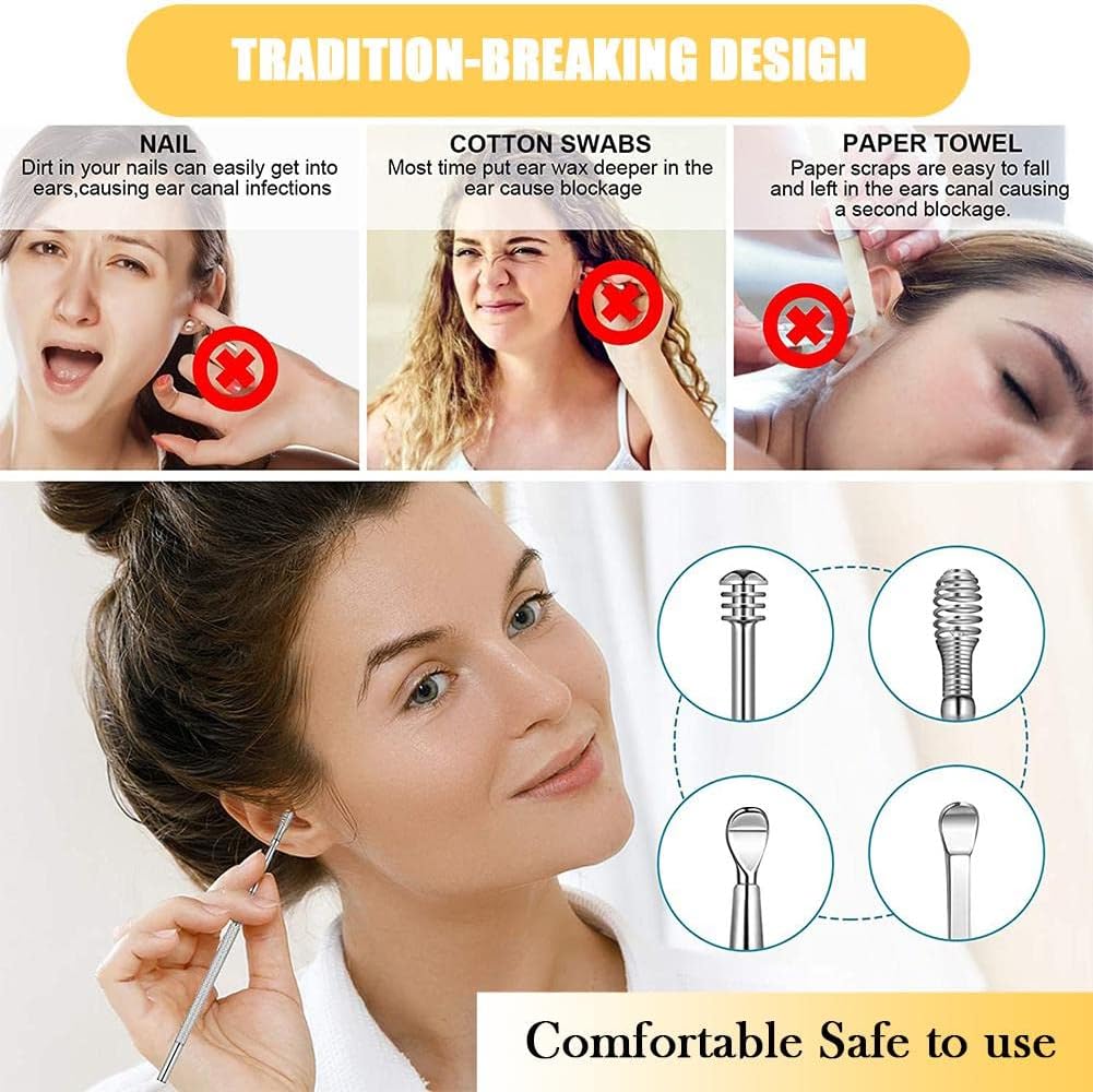 6 Pcs Ear Pick Earwax Removal Kit, Cleansing Tool Set, Curette Cleaner, 360degree Spiral Design Canal Cleaner Stainless Steel,with a Storage Box Portable Kit (Yellow), 11.7x2.8x2cm