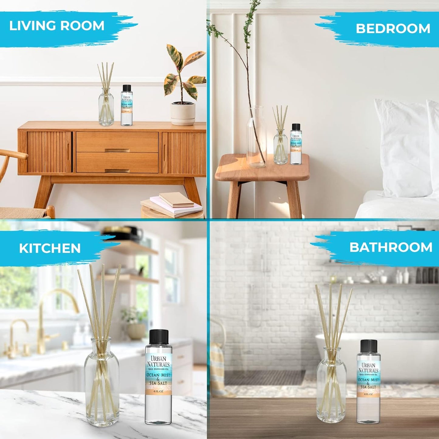 Urban Naturals Ocean Mist & Sea Salt Scented Oil Reed Diffuser Refill | Includes a Free Set of Reed Sticks! 4 oz.