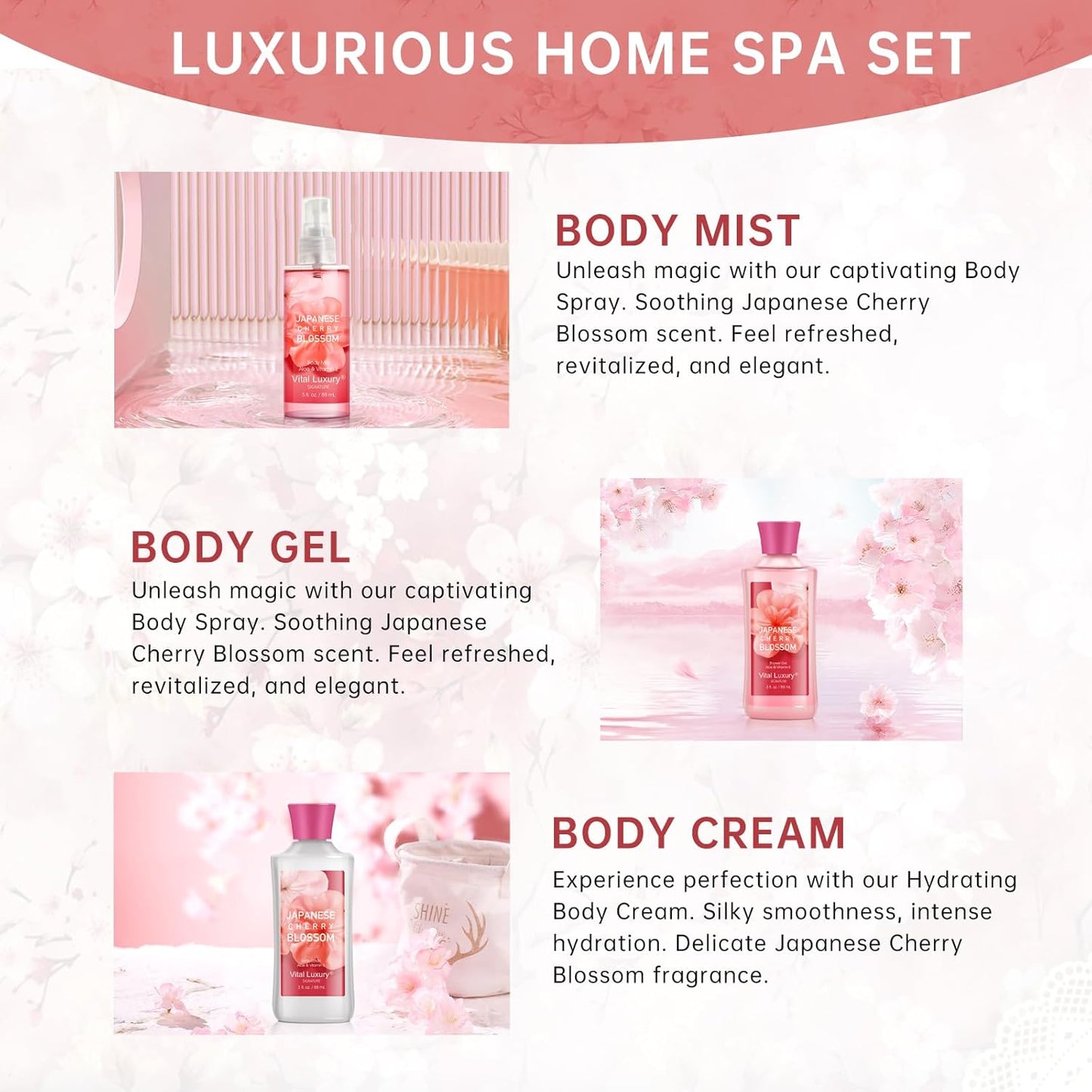 Cherry Blossom Spa Gift Set, Bath and Body Care Collection,3-Piece Travel Set with Shower Gel, Lotion, Body Mist