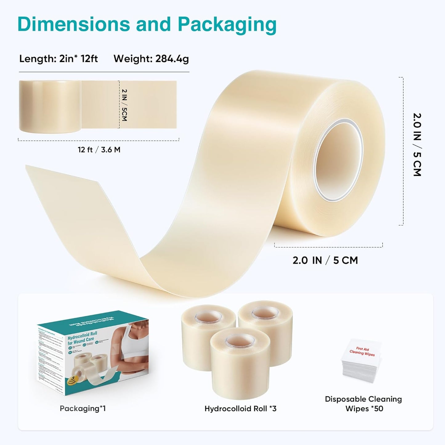 Hydrocolloid Bandages Roll for Wound Care – Cut-to-Size - Flexible & Waterproof Hydrocolloid Tape for Acne, Burns & Blister Care, Self-Adhesive & Highly Absorbent (2in x 12ft x 3Roll)