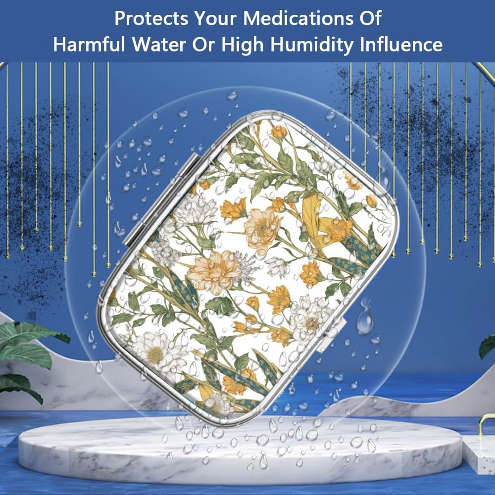 2 Compartment Pill Box, Portable Pill Box for Pocket or Handbag, Decorative Metal Pill Box, Vitamin Organizer, Unique Gift (1 Piece, 39-Flowers Pinck)