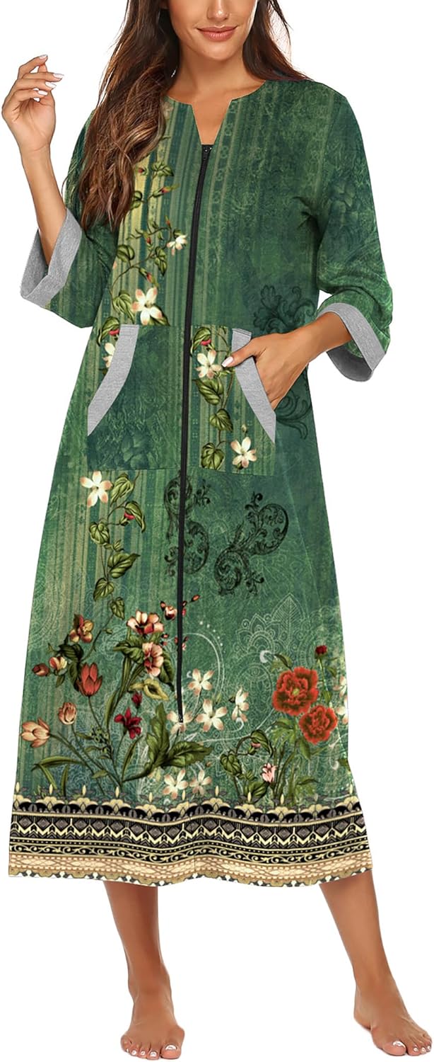Ekouaer Women Zipper Robe 3/4 Sleeves Loungewear Dress Full Length Sleepwear Pockets Housecoat Nightgown Long Bathrobe
