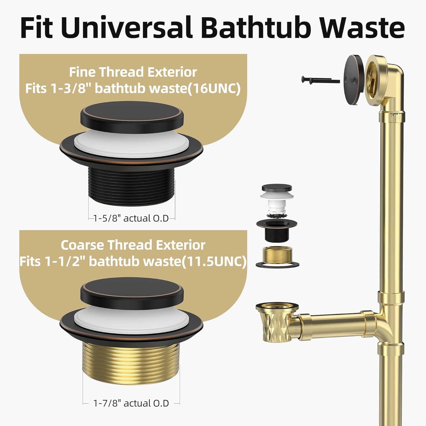 Oil Rubbed Bronze Tub Drain Kit with Hair Catcher, Premium Brass Tip-Toe Bathroom Tub Drain Replacement and 2-Hole Overflow Faceplate, 11.5/16 UNC Bathtub Drain Stopper Assembly