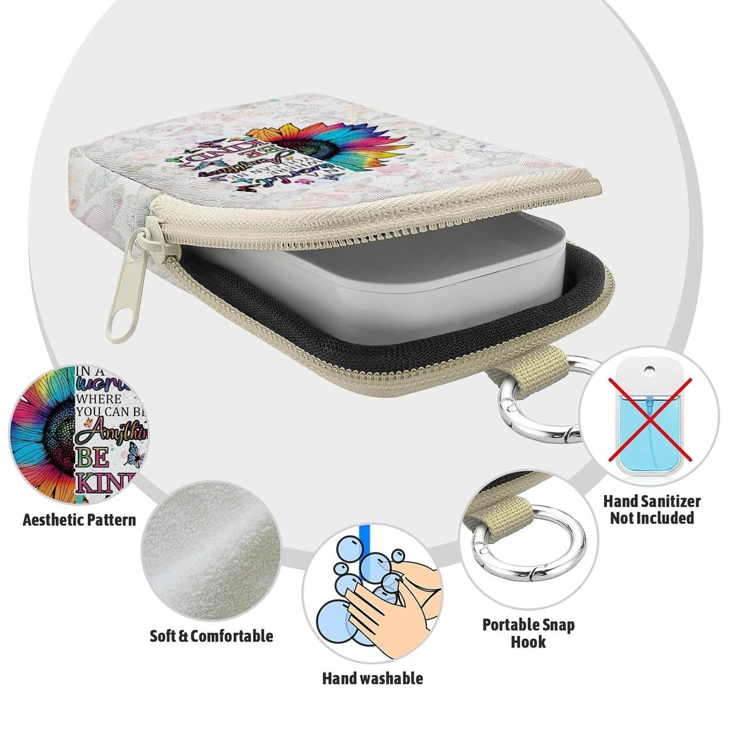 Sunflower Be Kind Hand Sanitizer Spray Case, Hand Sanitizer Holder Zippered Pouch, Cute Fashion Accessory with Snap Hook for Glow Mist and Power Mist 1FL OZ