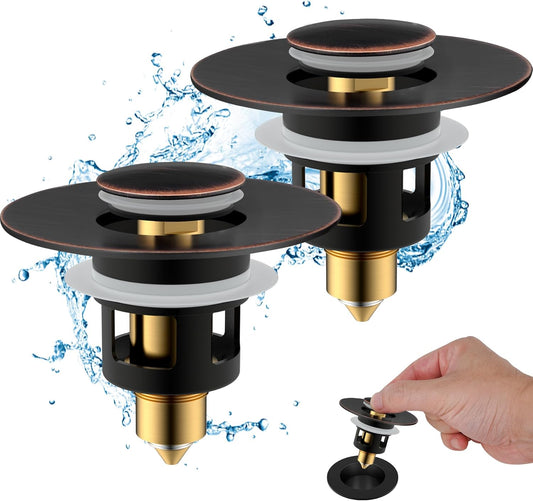 Hibbent 2 Pack All Metal Universal Bathroom Sink Stopper for 1.1''~2.3'' Basin, Pop Up Sink Drain Strainer, Brass Core Push Type Stopper, Stainless Steel Anti Clogging Drain Filter, Oil-Rubbed Bronze
