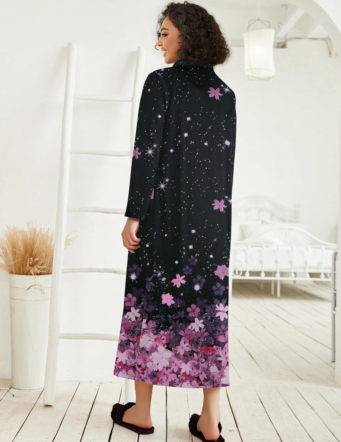 Ekouaer Women Zipper Robe Long Sleeve Loungewear Lightweight Housecoat Full Length Nightgown with Pockets