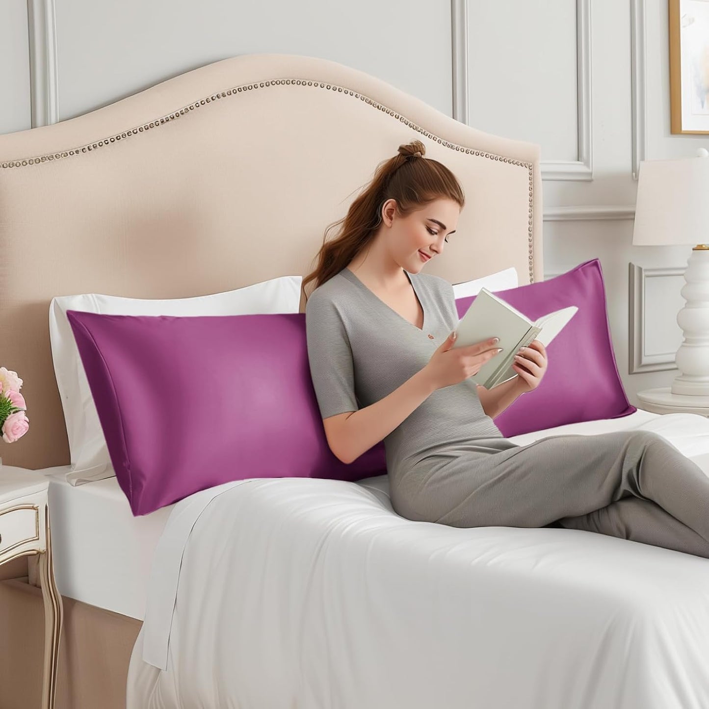 INFIIXSO Body Pillow Cover with Zipper, Luxury Mulberry Silk Body Pillow Case 20x54 Inches, Ultra Smooth and Soft Cooling Long Pillowcase, Gift for Women, Men(Purple)