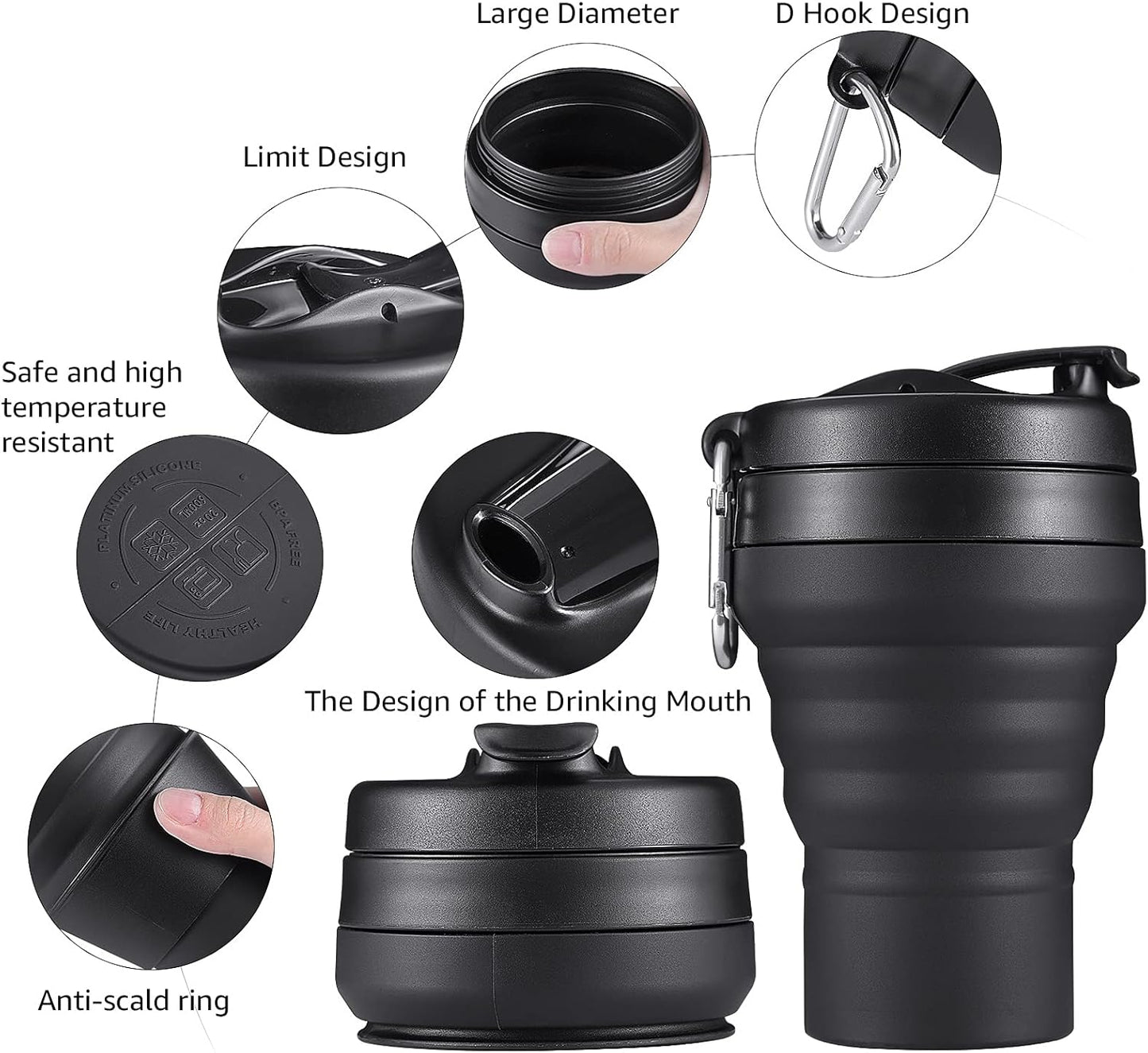 2PACK Collapsible Coffee Cup, 20 OZ 600ml Silicone Folding Camping Mug, Leak Proof BPA Free Portable Sport Bottle with Lids for hiking, Microwave & Dishwasher Safe (Black)