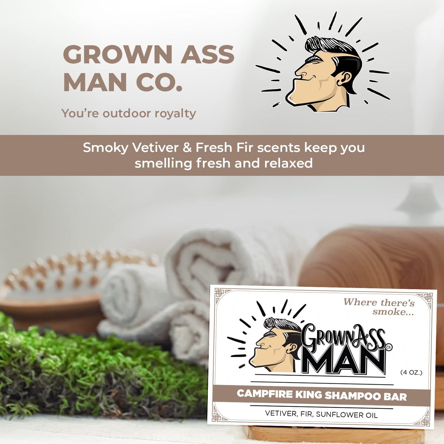 Grown Ass Man Co. - Solid Shampoo Bar Rich Lather 3 in 1: Hair, Beard & Body Wash - Plastic Free & Eco-Friendly, Natural & Organic Clean for All Hair Types, 4oz Bar (Campfire King, 3-Pack)