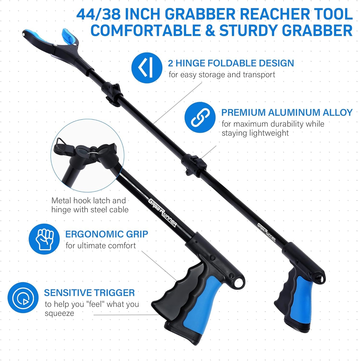 38 Inch & 44 Inch Extra Long Grabber Reacher Tool Set – Extendable Reacher Grabber Pickup Tools for Seniors, Disabled and Hard-to-Reach Areas, Ergonomic Grip & Lightweight Design（Blue）