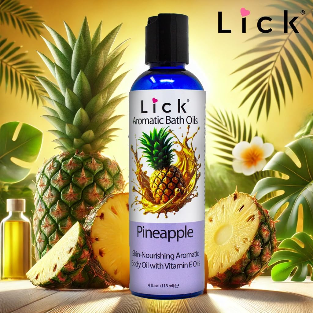Lick Pineapple Aromatic Bath Oil - Natural Sweet Almond, Vitamin E & Jojoba Oils for Luxurious Experience for Women. Moisturizes Dry Skin, 12 Enchanting Aromas, Paraben Free, Made in USA 4 fl oz