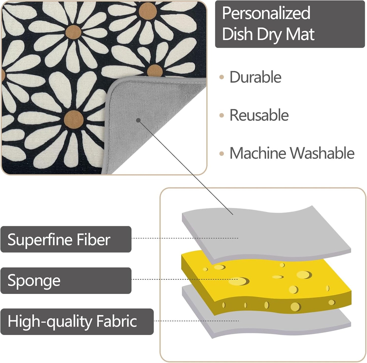 SHIYUE Dish Drying Mat for Kitchen Counter Super Absorbent Spring Kitchen Decor Microfiber Drying Matainers Rack Fast Pad Dish Drainer Mats(Black Flower,18''x24'')