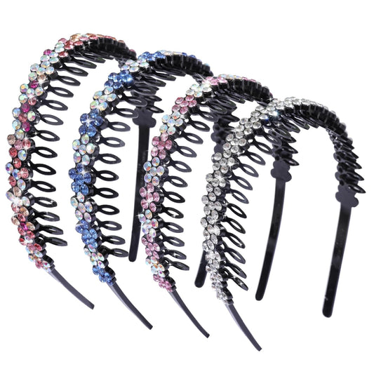 Rhinestone Headband with Teeth Comb Flower Glitter Headband for Women Girls Sparkly Crystal Plastic Hairband Non Slip Hair Hoop Hair Accessories for Ladies Girls with 4PCS