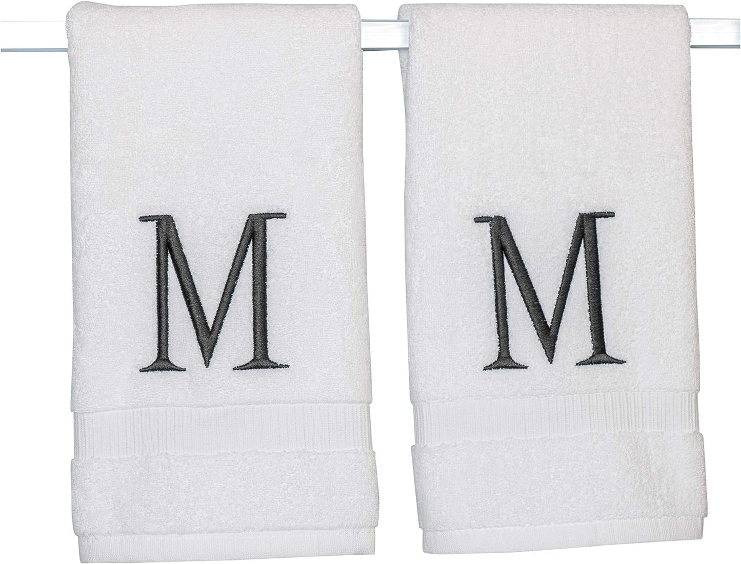 Dark Gray Initial Hand Towel for Bathroom - Monogrammed Luxury Hotel Quality Decorative Embroidered Towel for Powder Room, Spa - GOTS Organic Certified - Pack of 2, Letter M