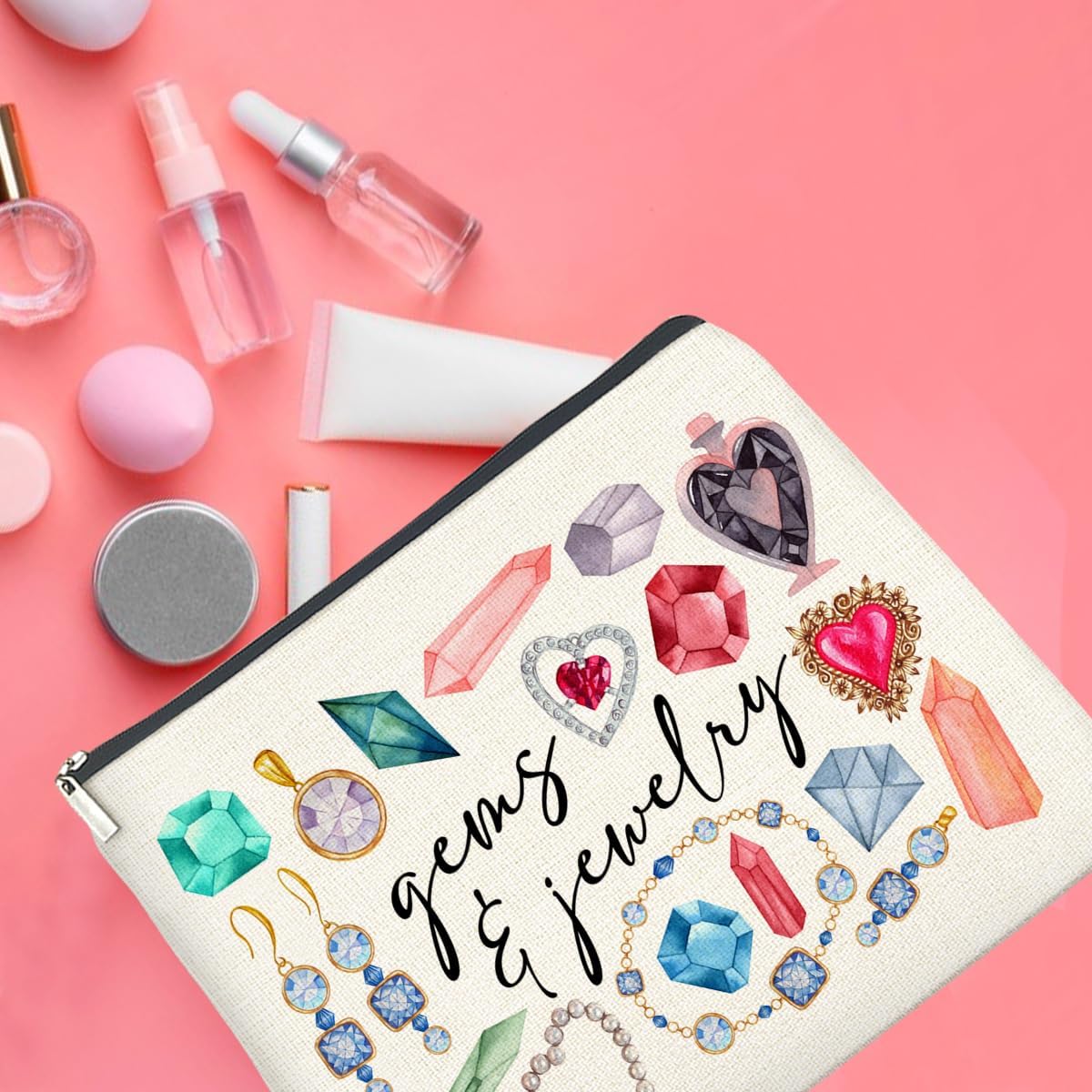 Gems and Jewelry Cosmetic Bag Gift, Gifts for Gem Jewelry Lovers Makeup Bag Zipper Makeup Pouch Bridesmaids Gift