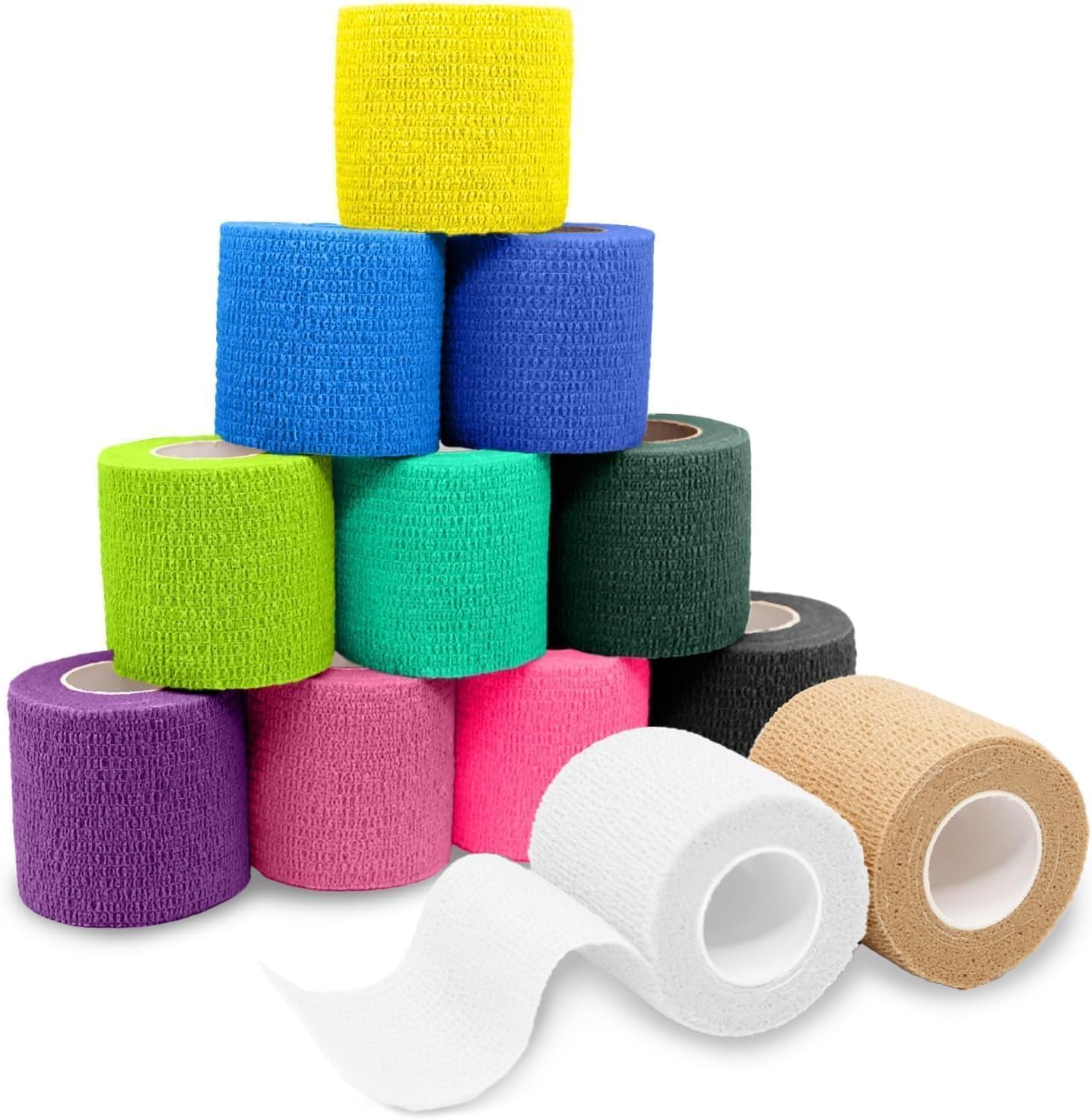 FriCARE Self Adhesive Bandage Wrap, Medical Tape in First Aid Kit, Cohesive Bandages for Wounds Sport Vet, 2 Inches X 5 Yards 12 Rolls, Energetic
