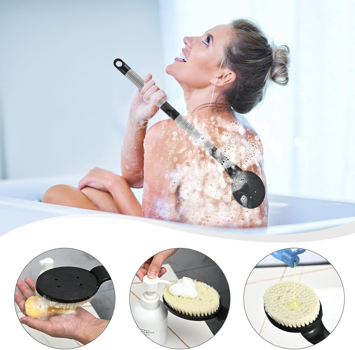Back Scrubber Anti Slip for Shower, 21.7” Detachable Back Bath Brush for Shower, Back Scrubber, Exfoliation and Improved Skin Health for Elderly with Limited Arm Movement, Disabled (21.7” Black)