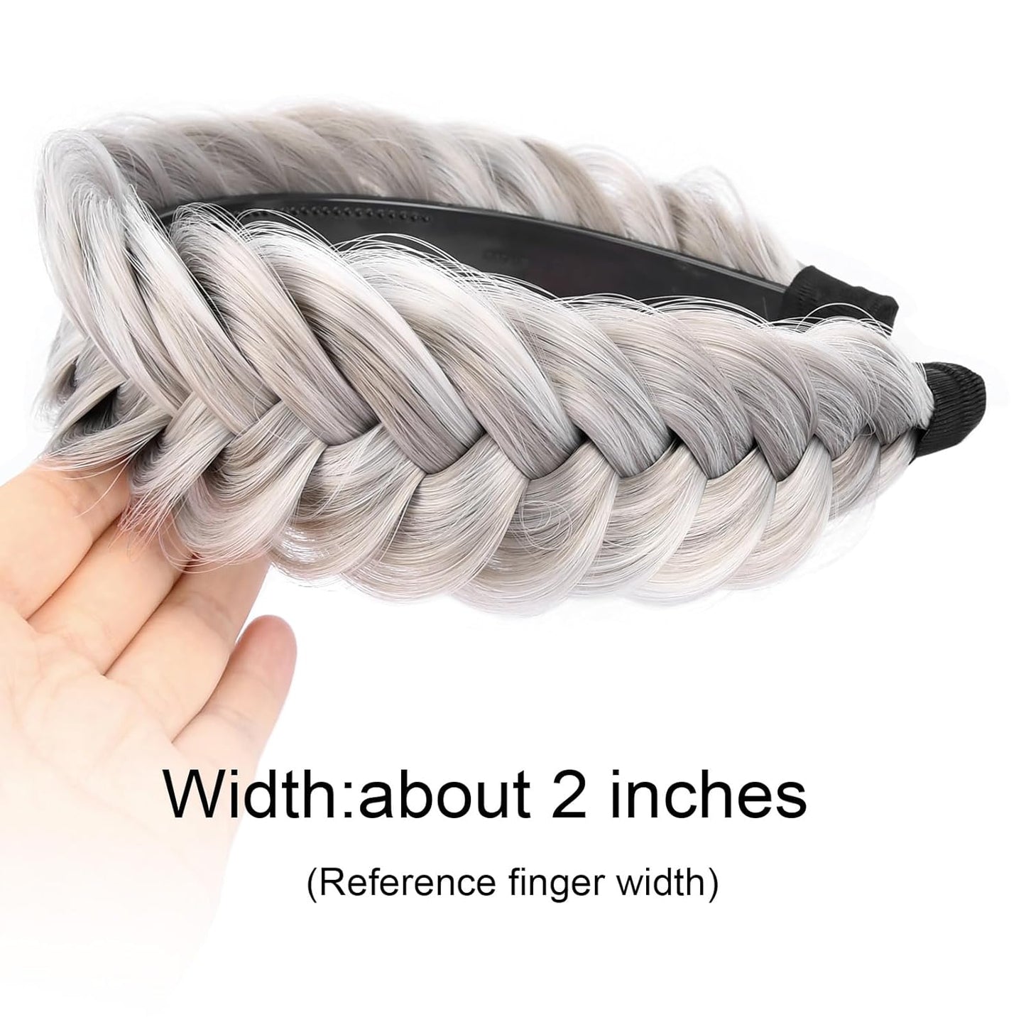 DIGUAN Wide Messy Braided Headband With Teeth Synthetic Hair Plaited Headband High Elasticity Braids Chunky Fishtail Braided Hair Band Hairpiece for Girls Women Beauty Accessory (Smoky Gray)