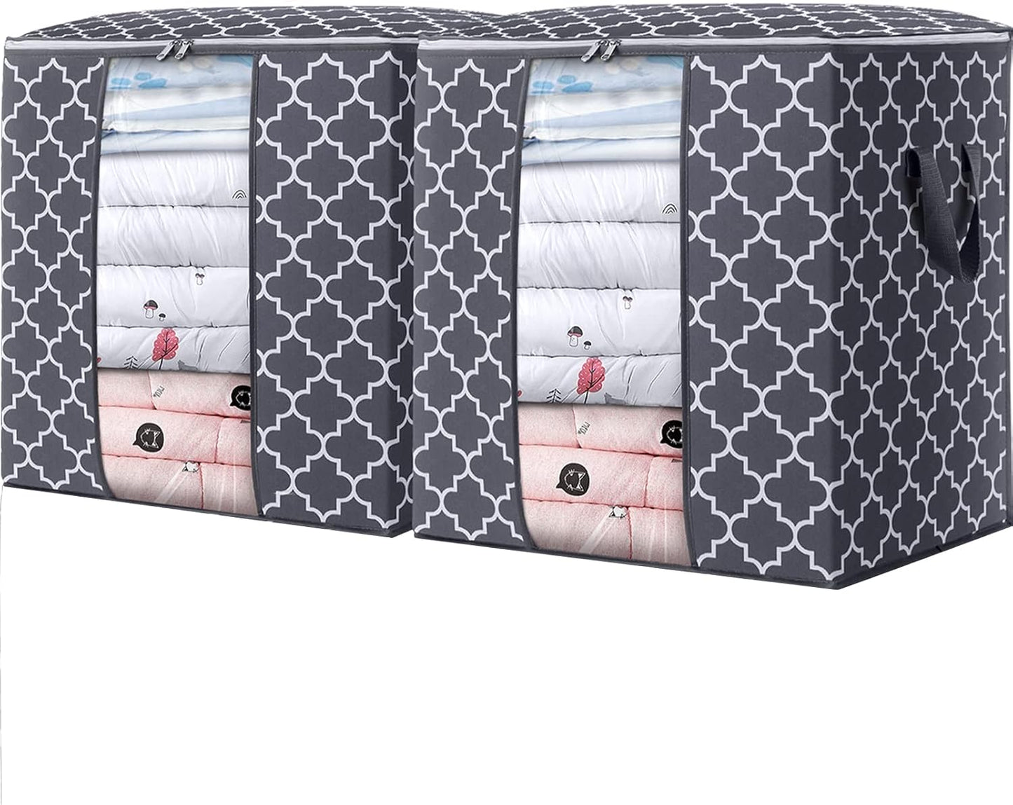 WISELIFE Storage Bags 2 Pack/100L Large Blanket Clothes Organization and Storage Containers for Comforters,Bedding, Foldable Organizer with Reinforced Handle, Clear Window, Sturdy Zippers,Gray