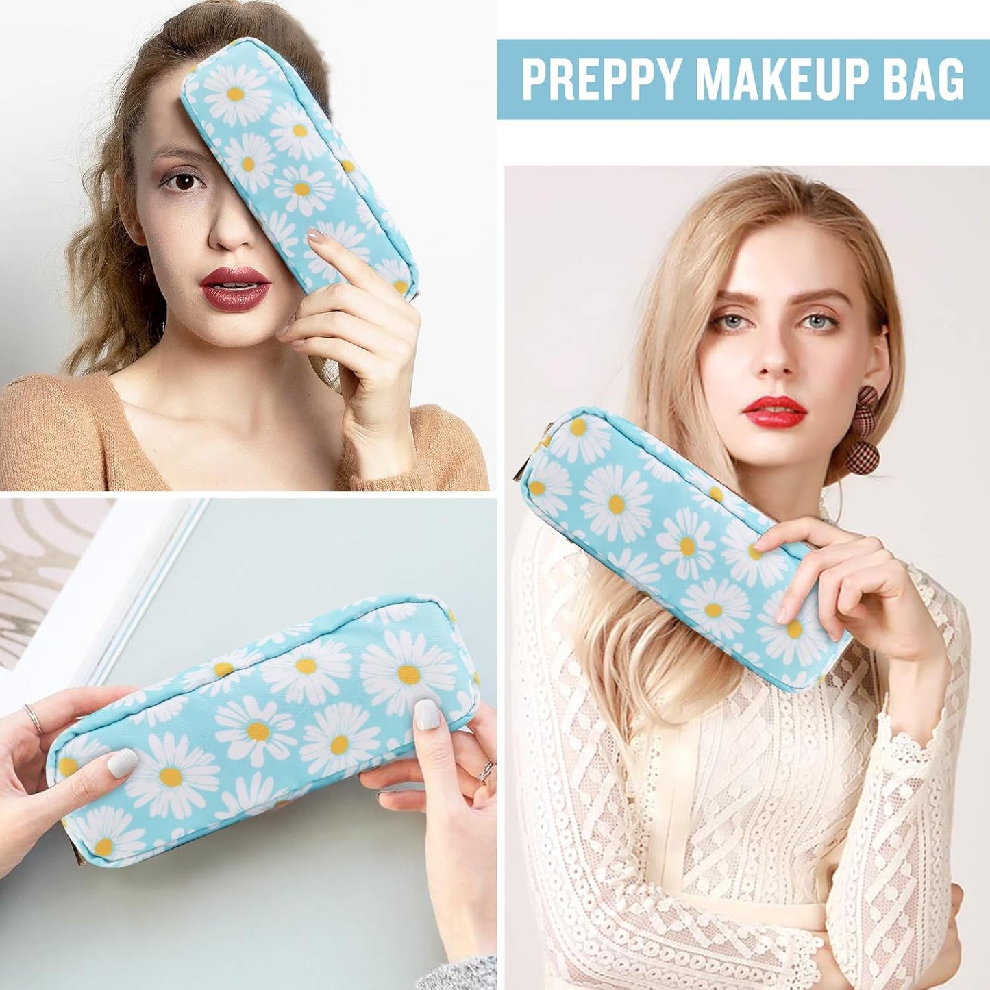 Nylon Small Floral Makeup Bag, Slim Preppy Cute Makeup Brush Case, Waterproof Travel Toiletry Bag, Coin Pouch Make Up Organizer for Women (Blue-Daisy)