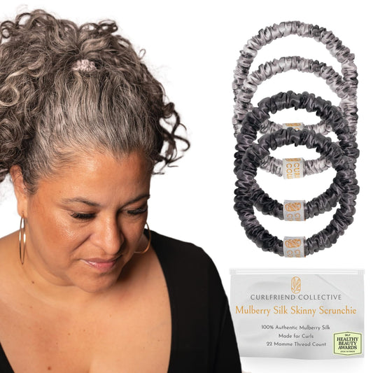 Authentic Mulberry Silk Skinny Hair Match Scrunchies for Women, Anti Breakage Hair Ties for Curly Thick & Thin Hair, 100% Silk for Buns & Ponytail, Silver/Deep Grey (4 Pack)