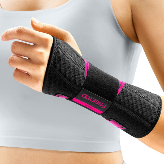 FREETOO Wrist Support Brace Left Hand for Tendonitis, Sprained Wrist, Strain, Pain Relief Wrist Splint for Carpal Tunnel, Arthritis, Wrist Immobilizer Fit Women and Men for Sleeping (S/M, Black/Pink)