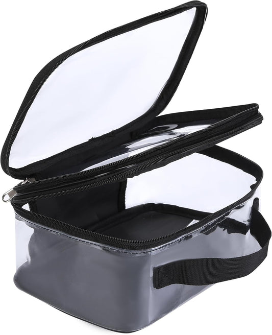 Large Clear travel bags for toiletries pouches carry on reusable,purse see-through plastic pvc TSA airport approved with handle (Black)