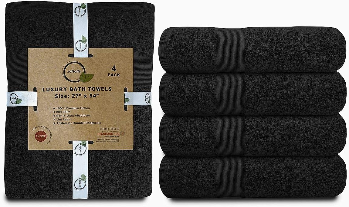 Softolle Luxury Bath Towels Set of 4 (27” x 54”) | Towels for Bathroom | Super Soft | Highly Absorbent Towels for Home, Spa, Gym (Black)