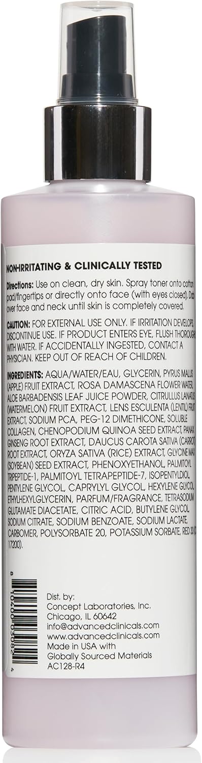 Advanced Clinicals Collagen + Rosewater Facial Mist Toner W/Charcoal & Aloe Vera. Alcohol-Free PH Balancing Formula Detoxifies & Hydrates Skin Improving Overall Skin Tone, Calming Face Mist, 8 Fl Oz
