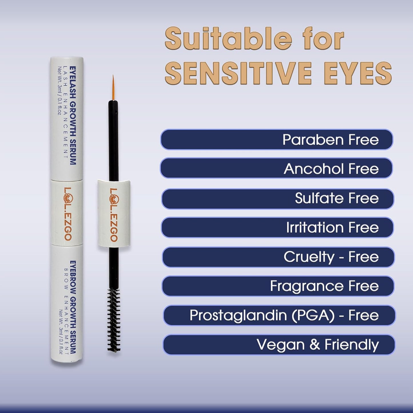 Eyebrow & Eyelash Growth Serum for Sensitive Eyes (2 in 1) - Peptide, Castor Oil & Natural Extract in Formula to Strengthen Thicken Lengthen Lash and Brow - 3mLx2 for 3 Months Supply