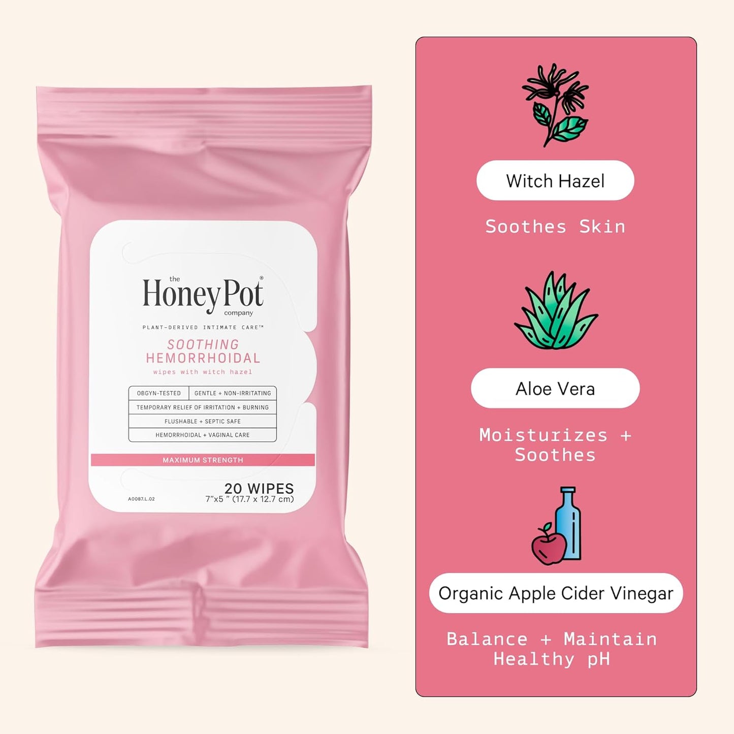 The Honey Pot Company - Soothing Witch Hazel Feminine & Hemorrhoid Wipes - Postpartum Essentials - Pregnancy Must Haves - Ph Balanced - Flushable Hemorrhoid Treatment - Fill Post Partum Kit - 20ct
