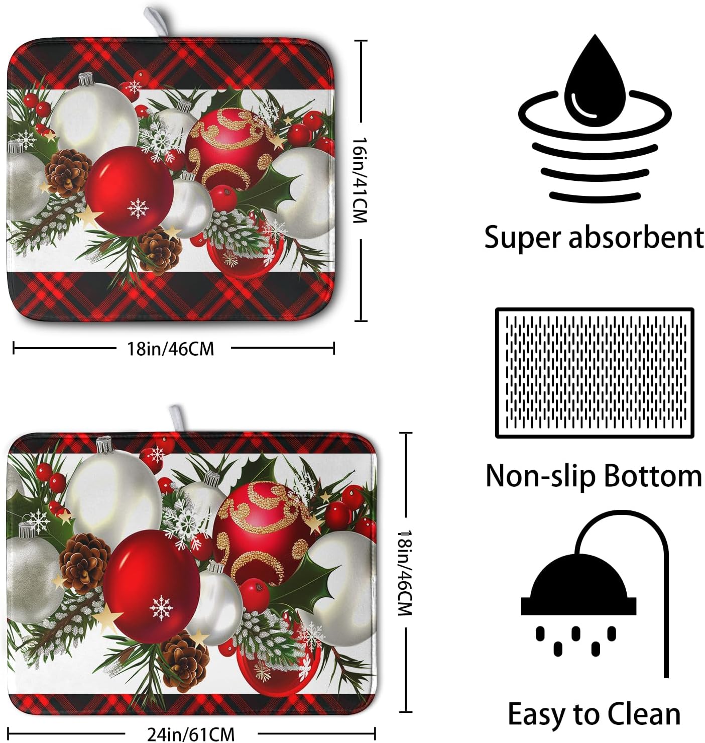 Christmas Red Buffalo Plaid Dish Drying Mat for Kitchen Counter 16x18 Inch Winter Xmas Ball Snowflake Pine Cones Dishes Drying Mat Microfibe Super Absorbent Dish Rack Pad for Coffee Bar Sinks